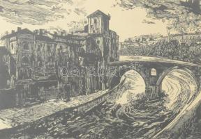 Csanády András (1929-): A Tevere szigete. Fametszet, papír, jelzett. Üvegezett fakeretben. 22,5x31,5 cm