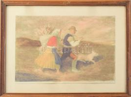 Vidai Brenner Nándor (1903-?): Hazafelé. Litográfia, papír, jelzett. Lap széle vágott. Üvegezett fak...