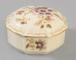 Zsolnay aranykontúrozott virágmintás bonbonier, jelzett, hibátlan, d: 9,5 cm