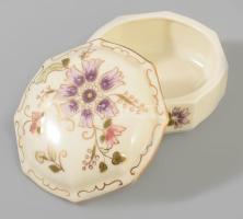 Zsolnay aranykontúrozott virágmintás bonbonier, jelzett, hibátlan, d: 9,5 cm