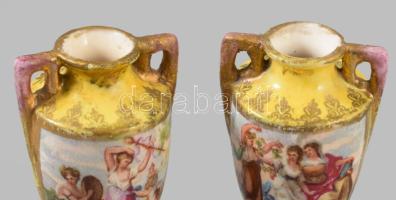 cca 1920 Cseh alt wien historizáló kisváza pár, jelzett, ragasztott, m: 7,5 cm