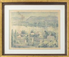 Kiss Terézia (1928-2016): Zebegényi házak. Színezett rézkarc, papír, jelzett. Ázásnyommal. 29,5x38 cm. Üvegezett, dekoratív fakeretben.