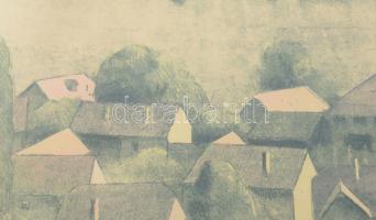 Kiss Terézia (1928-2016): Zebegényi házak. Színezett rézkarc, papír, jelzett. Ázásnyommal. 29,5x38 c...