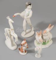 5 darab állatfigurás porcelán dísz, közte sérült Rosenthal őz, m: 13 cm alatt