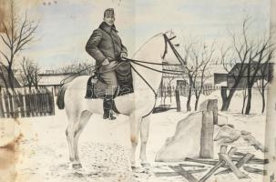 Prokop Márton (-): Lovaskatona, I. világháború, Jorgowicza, Oroszország, 1916. Akvarell, szén, papír, jelzett. Foltos, kissé sérült, hajtásnyomokkal. Feltekerve. 71x101,5 cm.