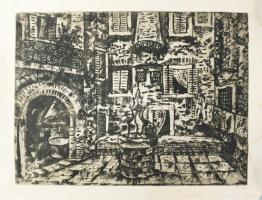 Imre István (1918-1983): Udvar kúttal (Rovinj?). Rézkarc, papír, jelzett, foltos, feltekerve, törésnyommal, 49×64,5 cm