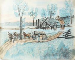 Prokop Márton (-): Vonuló katonák (utászok), I. világháború, 1914-15. Akvarell, pasztell, papír, jelzett. Bal szélén szakadással, lapszéli apró sérülésekkel. Feltekerve. 60x88 cm.