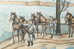 Prokop Márton (-): Vonuló katonák (utászok), I. világháború, 1914-15. Akvarell, pasztell, papír, jel...