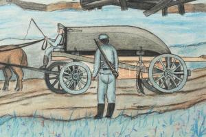 Prokop Márton (-): Vonuló katonák (utászok), I. világháború, 1914-15. Akvarell, pasztell, papír, jel...