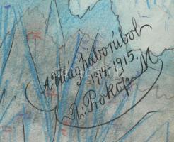 Prokop Márton (-): Vonuló katonák (utászok), I. világháború, 1914-15. Akvarell, pasztell, papír, jel...