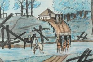 Prokop Márton (-): Vonuló katonák (utászok), I. világháború, 1914-15. Akvarell, pasztell, papír, jel...