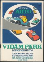 Gönczi-Gebhardt Tibor (1902-1994): Vidámpark, versenyautó, 1972. Villamosplakát, papír, jelzett a plakáton, Offset-nyomda, lapszéli hajtásnyommal és apró gyűrődéssel, 24×17 cm