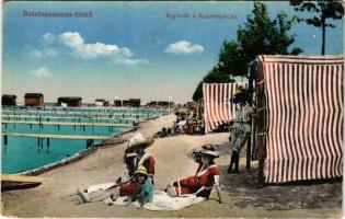 Balatonszemes-fürdő, Napfürdő a Balaton partján, kabinok (EM)