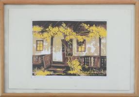 Portik Sándor (1959-): Tornácos ház (Erdély). Linómetszet, papír, jelzett, számozott (15/60). Üvegezett keretben. 12,5x16,5 cm