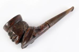 Férfi fejes faragott fa pipa, h: 14 cm