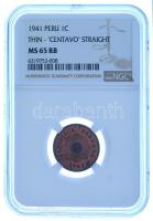 Peru 1941. 1c bronz "vékony lapka", eredeti "NGC" tokban (6319753-008) T:UNC (MS 65 RB) patina Peru 1941. 1 Centavo bronze "thin planchet", in original "NGC" case (6319753-008) C:UNC (MS 65 RB) patina Krause KM#208a