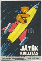 Macskássy János (1910-1993): Játékkiállítás a Budapesti Nemzetközi Vásár (BNV) 3 sz. pavilonjában, 1964, villamosplakát, papír, jelzett a plakáton. Zrínyi (T) Nyomda. 23,5x16,5 cm