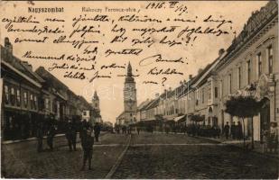 1916 Nagyszombat, Tyrnau, Trnava; Rákóczy (Rákóczi) Ferenc utca, Takarékpénztár, üzletek / street vi...
