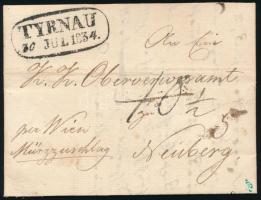 1834 Levél, előbb 10kr majd 5kr portófeljegyzéssel "TYRNAU" - Neuberg (ex Provera)