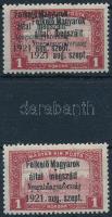 Nyugat-Magyarország I. 1921 Parlament 1K dupla felülnyomattal (a katalógusban ismeretlen), hármaslyukasztással + támpéldány, mindkét bélyeg Bodor vizsgálójellel