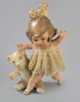 cca 1880-1900 Kislány a mackójával porcelán figura, sérüléssel, m: 9 cm