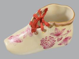 Herendi lila Viktória mintás porcelán cipő, jelzett, hibátlan, h: 10,5 cm