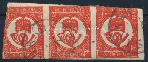 1871 Kőnyomat Hírlapbélyeg hármascsík (törés, több helyen bevágva / fold, cut in several places)