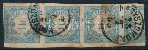 1868 Hírlapilleték bélyeg 1kr hármascsík (törés) / Newspaper duty stamp 1kr stripe of 3 (fold)