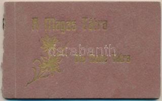 Tátra, Magas-Tátra, Vysoké Tatry; képeslapfüzet 10 képeslappal (Újtátrafüred, Tátralomnic, Tátraszéplak, Téry, poprádi és sziléziai menház, Csorba tó fogaskerekű, Tarpatakfüred) / postcard booklet with 10 postcards