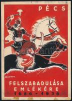 Németh Nándor (1910-1978): Pécs felszabadulása emlékére, 1686-1936 (plakátterv). Tempera, ceruza, papír, jelzett. Kisebb elszíneződésekkel. 17x12 cm
