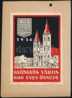 Németh Nándor (1910-1978): Gyöngyös város 600 éves ünnepe, 1936 (plakátterv). Tempera, tus, papír, jelzett. Kartonra kasírozva. Kisebb elszíneződésekkel. 17x12,5 cm