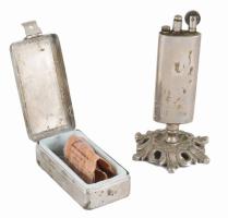 cca 1900 Antik asztali öngyújtó, tűzkő tartóval, h: 8-12 cm