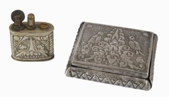 Antik ötvösmunka öngyújtó és dohánytartó, m: 5 cm, 8x7 cm