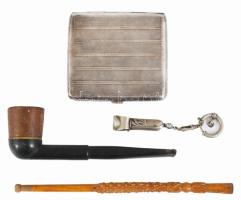 4 darabos régi dohányzó tétel, tárca, szivarvágó, szipka, pipa