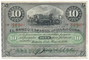 Kuba 1896. 10P vörös "PLATA" felülbélyegzéssel a hátoldalán, "759840" T:XF Cuba 1896. 10 Pesos with red "PLATA" overprint on the back, "759840" C:XF Krause 49.d