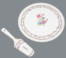 cca 1930/40 Gránit virágmintás tortatál, tortalapáttal, jelzett, kis kopással, lapáton lepattanással d: 31,5 cm