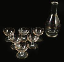 Antik parádi pöttyös italos készlet, 6 pohárral, dugó nélkül, m: 5-17 cm