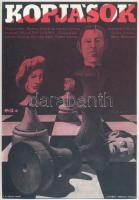 Bakos István (1941-): Kopjások, 1975. Rendezte: Palásthy György, főszereplők: Bálint András, Bánsági Ildikó, Oszter Sándor, filmplakát, villamosplakát, ofszet, papír, MOKÉP-Magyar Hirdető,Offset és J.-ny, jelzett a plakáton, 23,5x16,5 cm