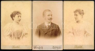 cca 1895 2 db női és 1 db férfiportré, 3 db keményhátú fotó Goszleth budapesti műterméből, 10,5×6,5 cm
