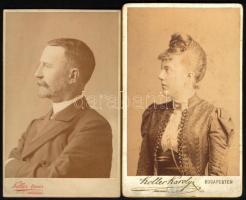 cca 1870-1890 Férfi és női portré, 2 db keményhátú fotó Koller Károly és Koller tanár utódai műterméből, egyik hátoldalán ragasztásnyomok, 10,5×6,5 cm
