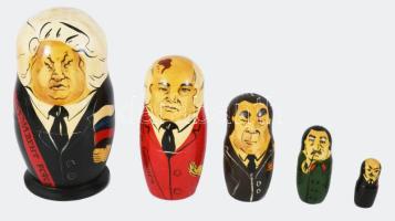 Jelcin, Gorbacsov, Brezsnyev, Sztálin, Lenin, stb. festett fa matrjoska babák 6 db 5-18 cm-ig