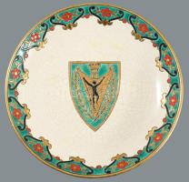 Emaux de Longwy címermintás dísztál, jelzett, kis kopással, d: 22 cm