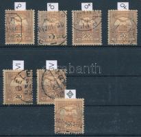 1900 7 db Turul "E" fogazatú 20f bélyeg, 4 féle vízjel állással, 2 féle számvízjellel és a csillagidommal