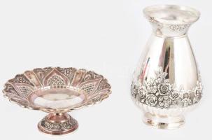 Ezüstözött talpas kínáló és váza, d: 23 cm, m: 25 cm