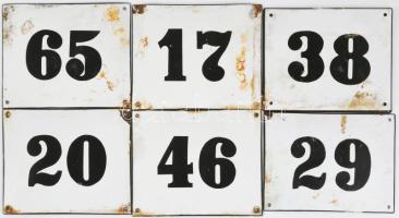 6 darab zománcozott házszámtábla, hibákkal, 15x17 cm