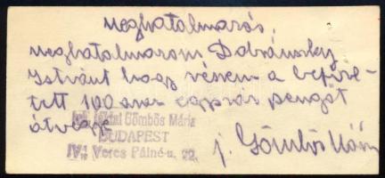 cca 1930 Jákfai Gömbös Mária, Gömbös Gyula testvérének saját kézzel írt sorai és aláírása névjegykártyáján