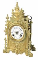 Francia neogótikus bronz asztali óra, kulccsal, működik, m: 24 cm