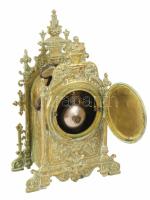 Francia neogótikus bronz asztali óra, kulccsal, működik, m: 24 cm