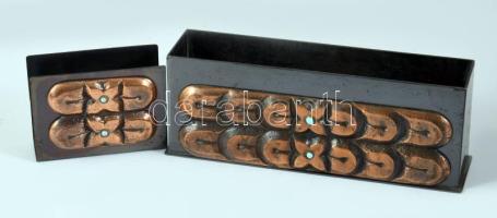 Iparművész réz gyufa- és cigarettatartó, h: 12 cm