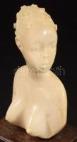 Antik afrikai csont női büszt szobor, fa talapzaton, m: 11,5 cm